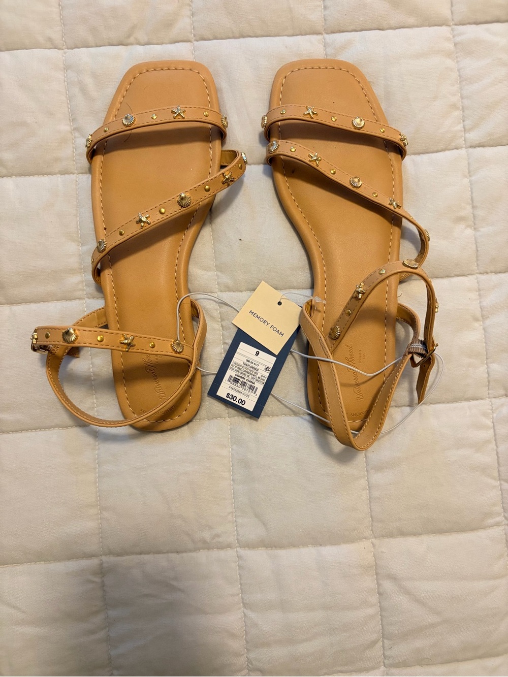 Tan Sea Shell Studded Strap Women's Sandals